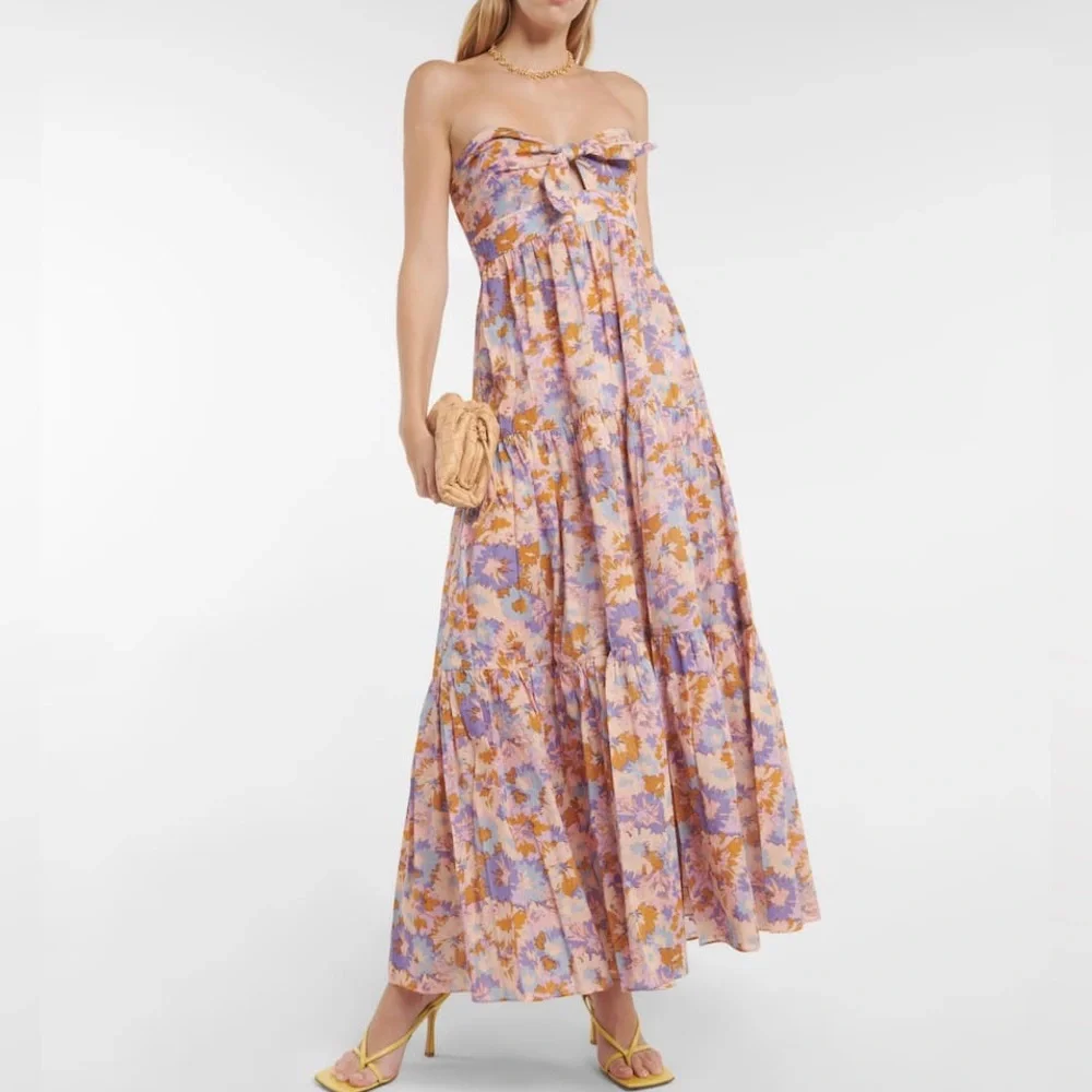 ZIMMERMANN Floral Print Cutout Strapless Tiered Midi Dress in Purple Floral - Picture 4 of 13